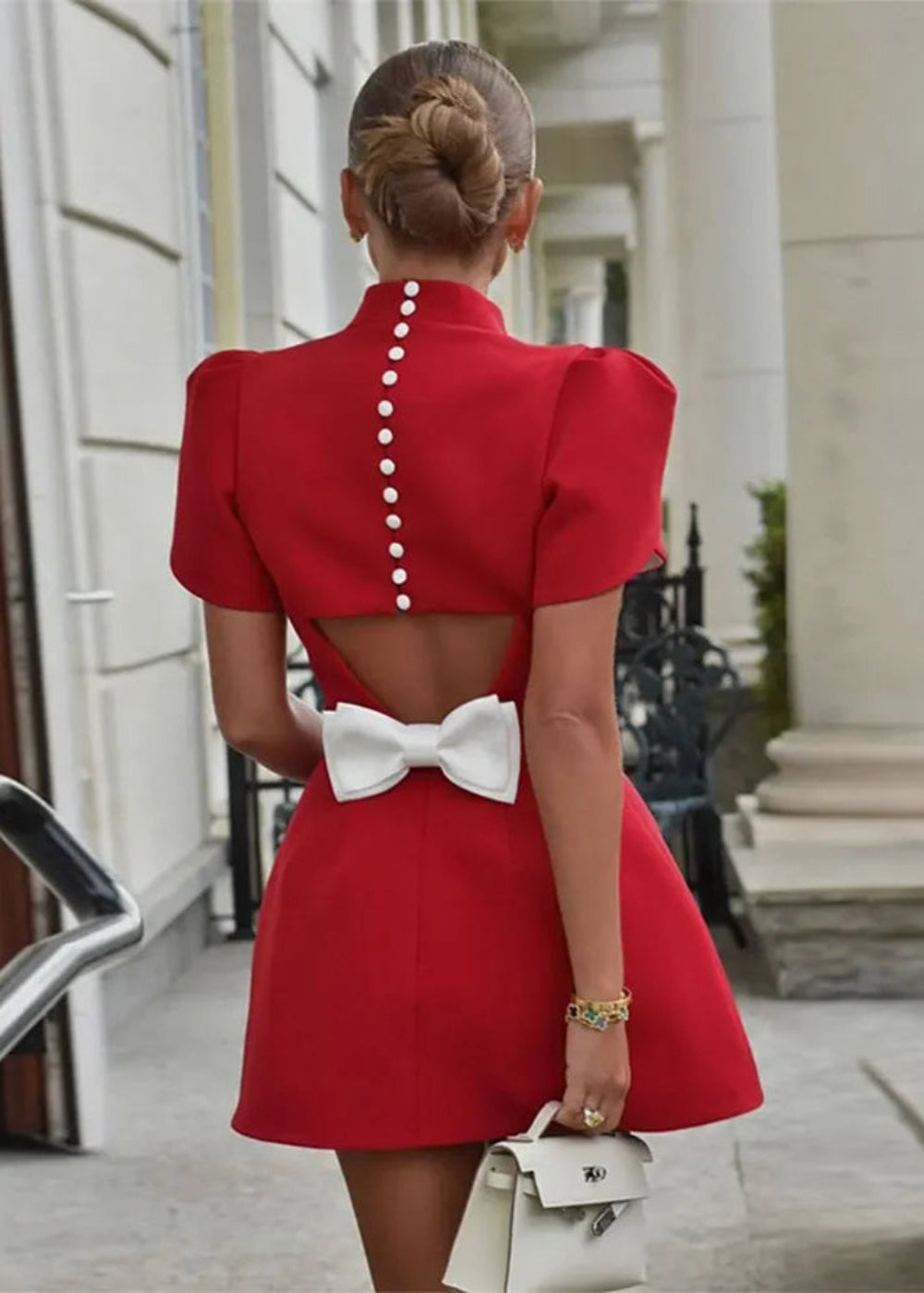 Elegant Short Sleeve Bow Mini Dress