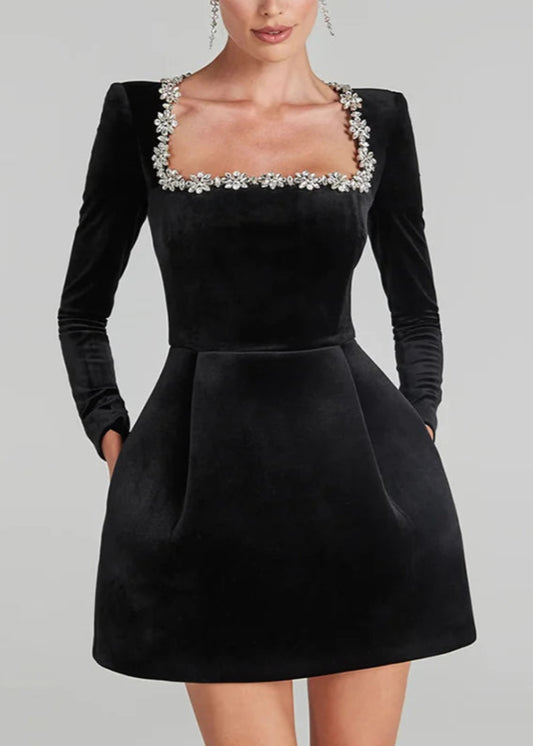 Long Sleeve Square Collar Beading Velvet Dress