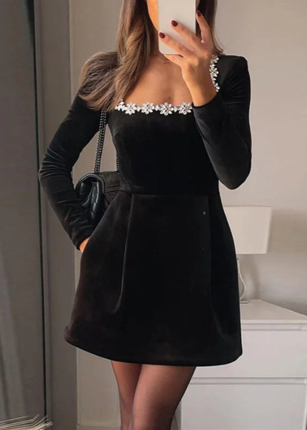 Long Sleeve Square Collar Beading Velvet Dress